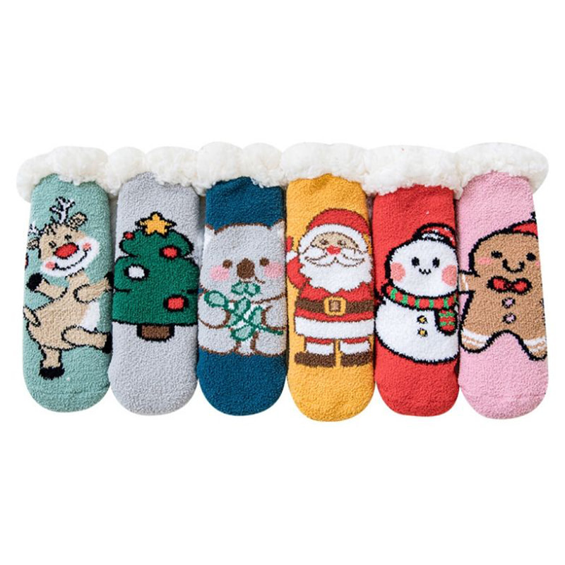 Calcetines de bebé de terciopelo Coral, calcetines navideños de dibujos animados, calcetines para dormir de tubo medio grueso para el hogar, calcetines de terciopelo de cordero y calcetines de suelo de terciopelo