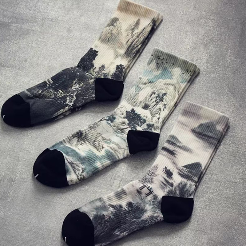 Calcetines, calcetines de tubo medio, tendencia de estilo chino para hombres, calcetines estampados de primavera y otoño impresos en 3D