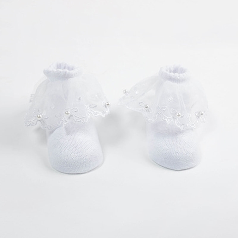 Calcetines cortos de bebé de algodón con lazo, calcetines de malla con perlas y cordones